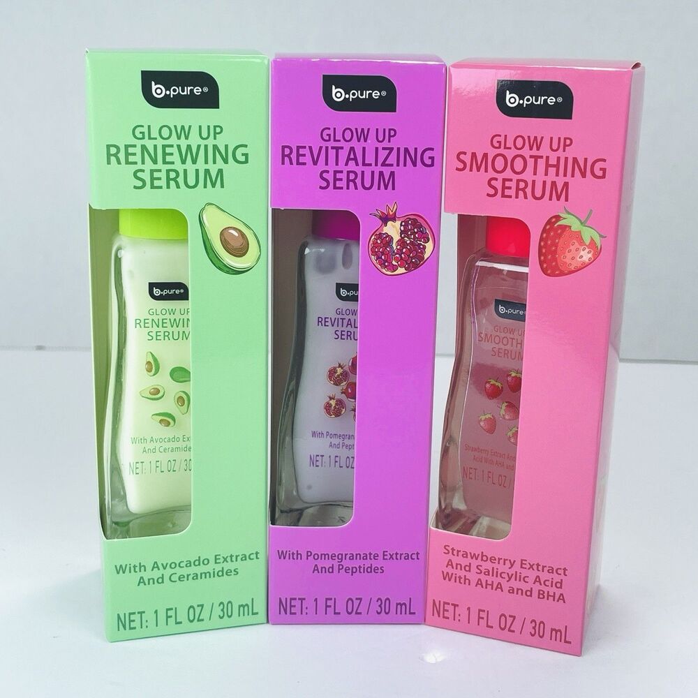 B-Pure GLOW UP SERUMS Smoothing Revitalizing Renewing Face Anti Aging SET OF 3